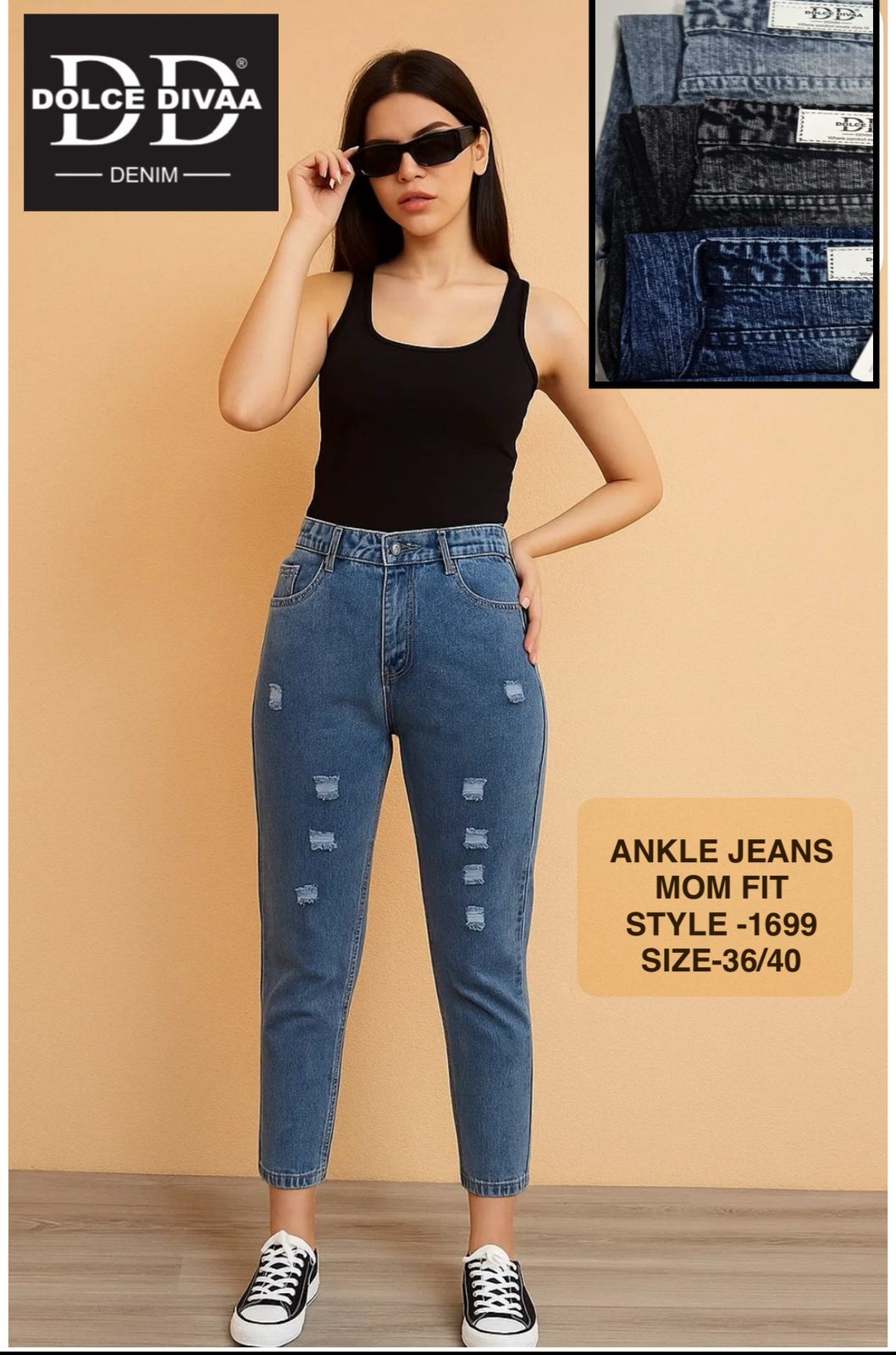 Mom Fit Heavy Distressed Ball Wash Jeans -1699