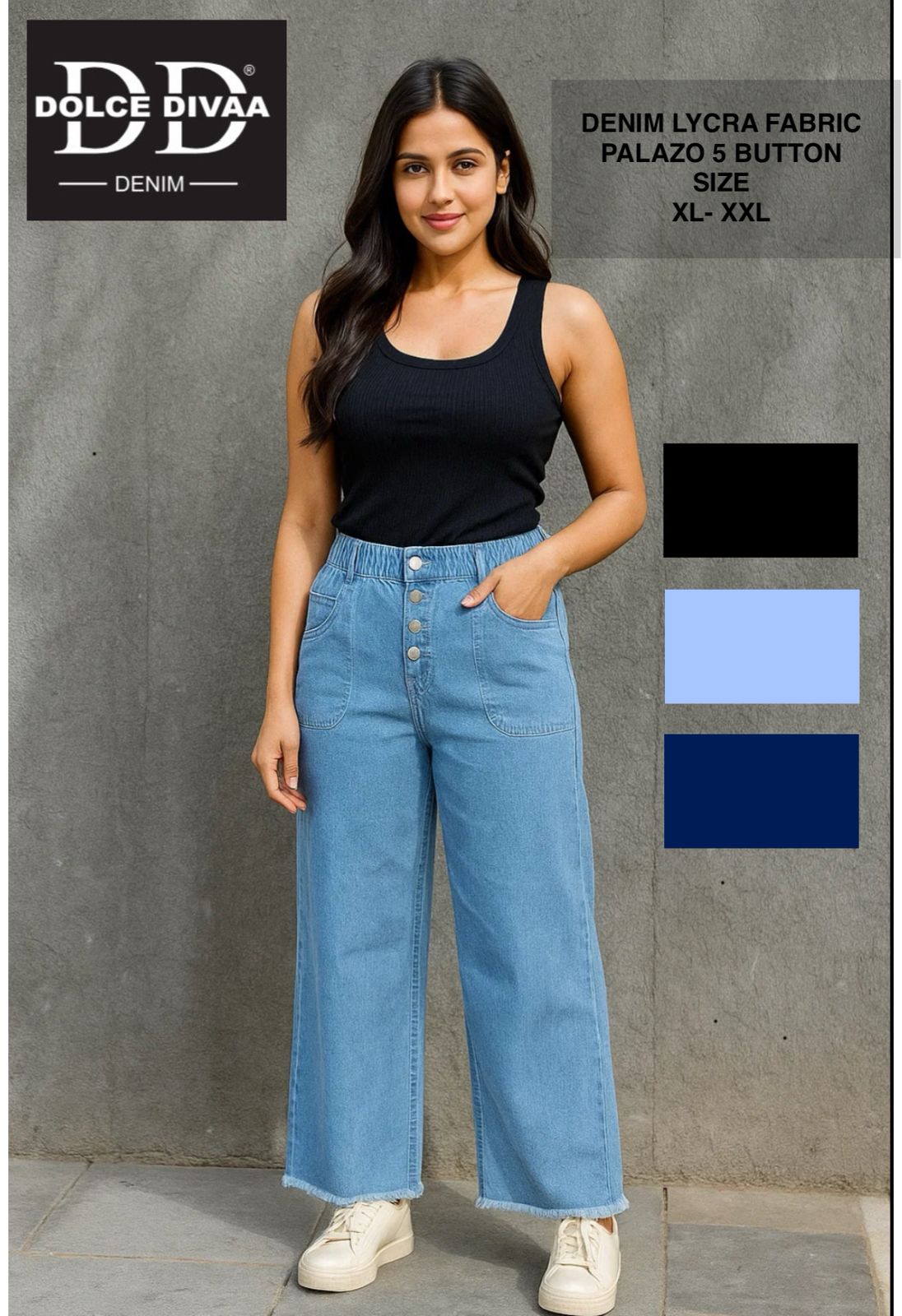 Denim Lycra 5 Button Palazzo Bottom Furr