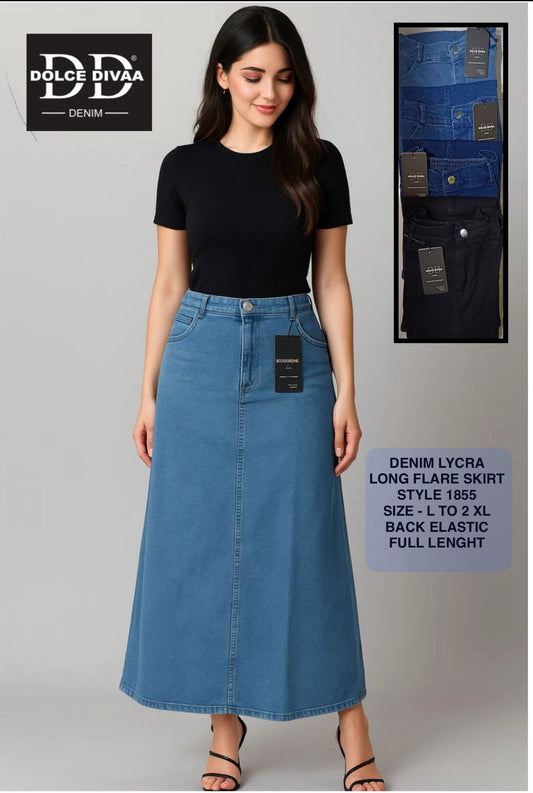 1855-Denim Long Skirt With Back Elastic