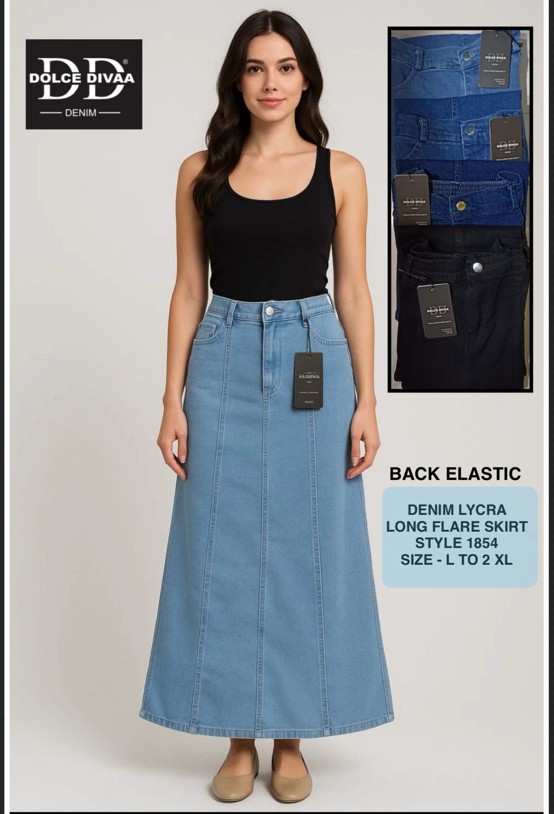 1854-Denim Lycra Long Flare Skirt