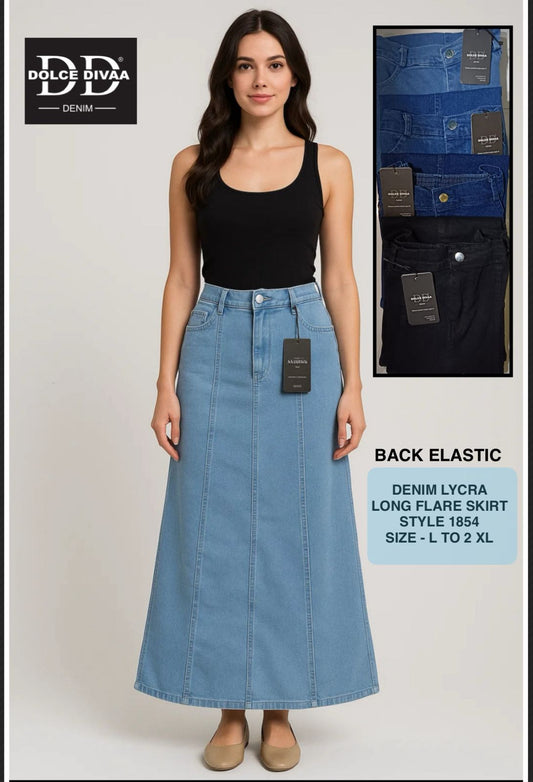 1854-Denim Lycra Long Flare Skirt